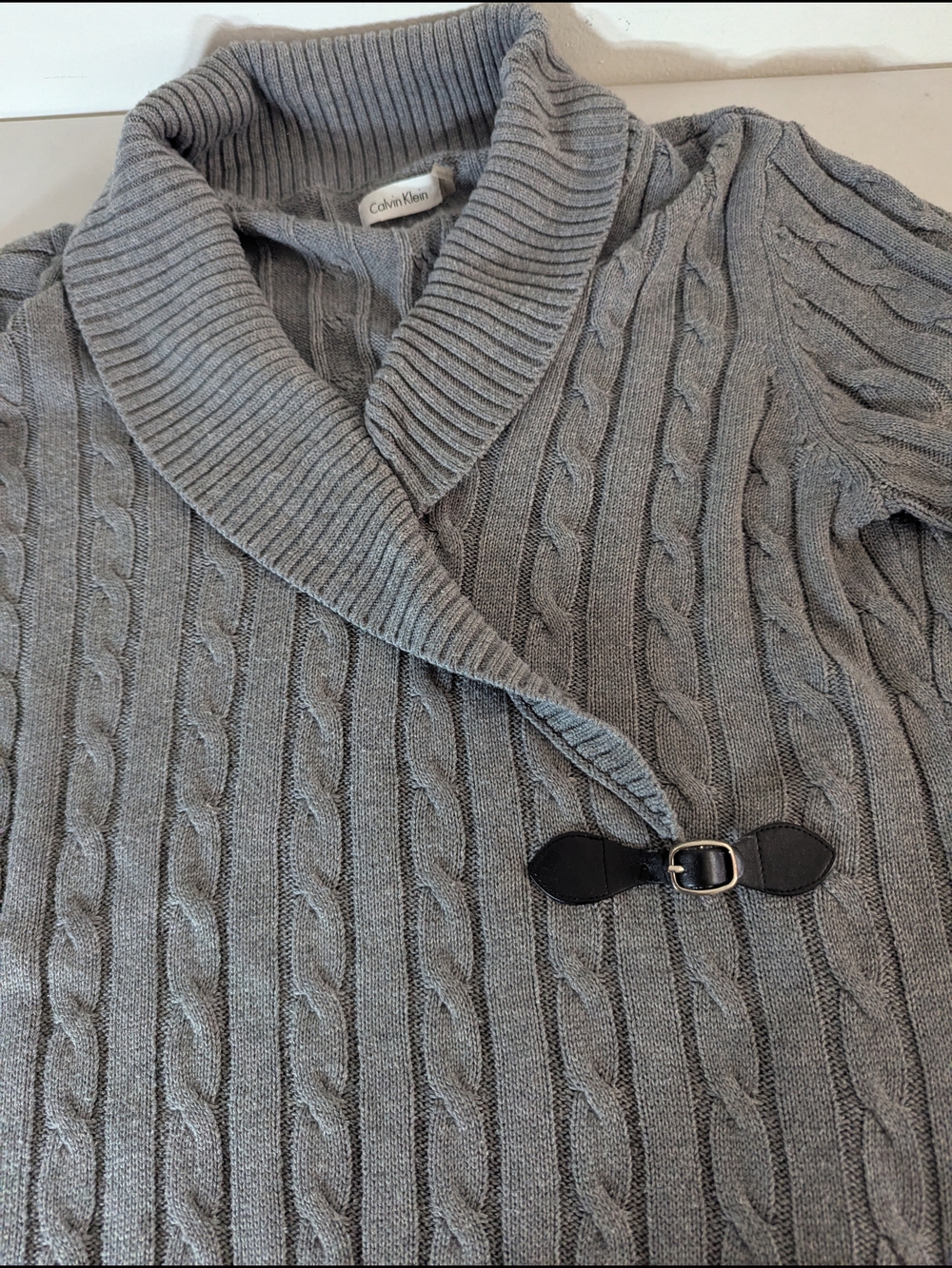 Calvin Klein Women’s L Gray Cable Knit Long Sweater Dress Shawl Collar - Picture 6 of 7